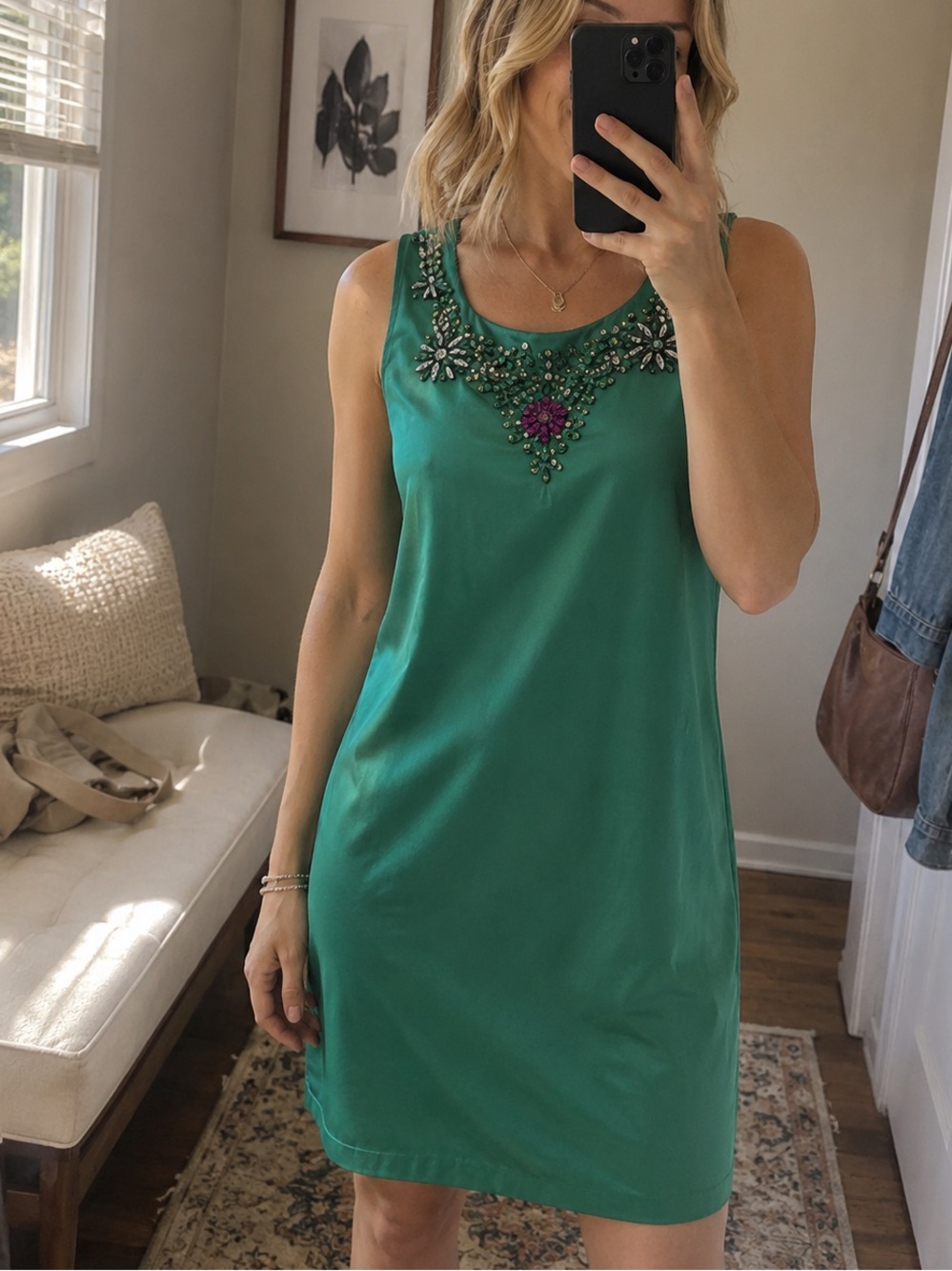 Pim + Larkin Emerald Green Jeweled Sheath Dress L Rhinestone Cocktail Party NWT